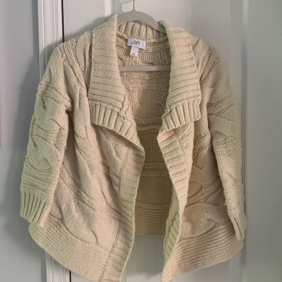 Loft Cardigan Wide Cable Knit Wool‎ Blend Open Front Ivory Size XS/S chunky - Picture 9 of 10